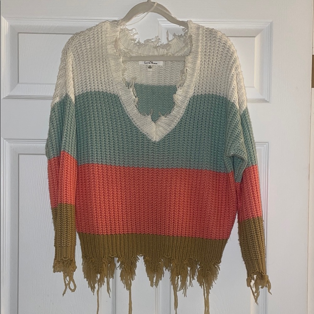 Love Tree Cream and Green V-Neck Sweater